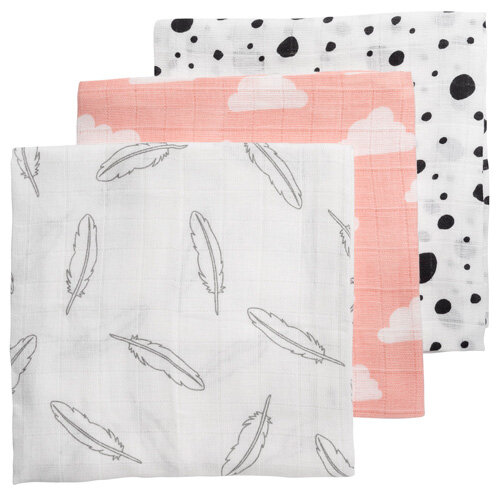 Meyco luiers 3-pack feathers clouds dots grijs/roze/zwart/wit