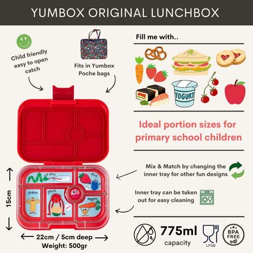 Yumbox Original Bento 6 Vakken Funny Monsters Wow Red