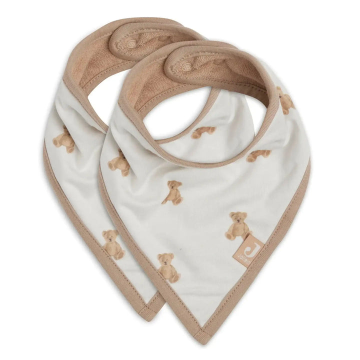 Set van twee baby slabbetjes met teddybeer print en beige rand, zacht katoen