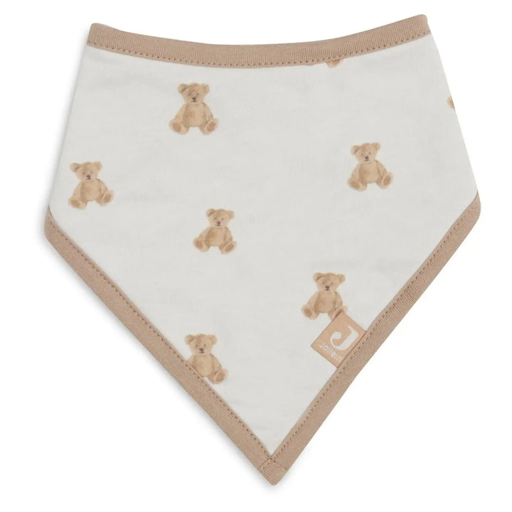 Baby slabbetje in driehoekvorm met beige teddybeer print en lichtbruine rand, katoen