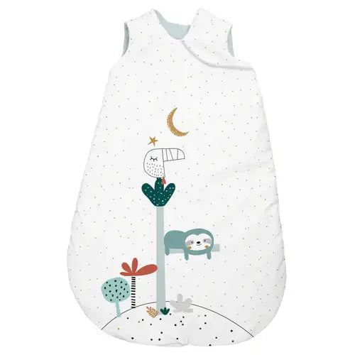 Baby sleeping bag with colorful animal and moon print, sleeveless, white with dotted accents
