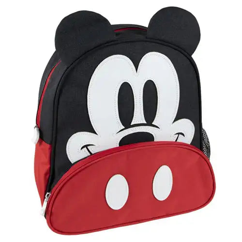Kinder rugzak met zwart-rood design en cartoon muis gezicht, zachte oortjes, peuter rugtas