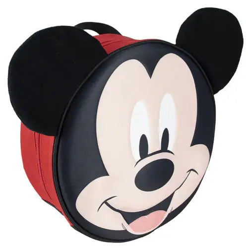 Kinder rugzak met groot Mickey Mouse gezicht, ronde vorm en zwarte oren, rode zijkant.