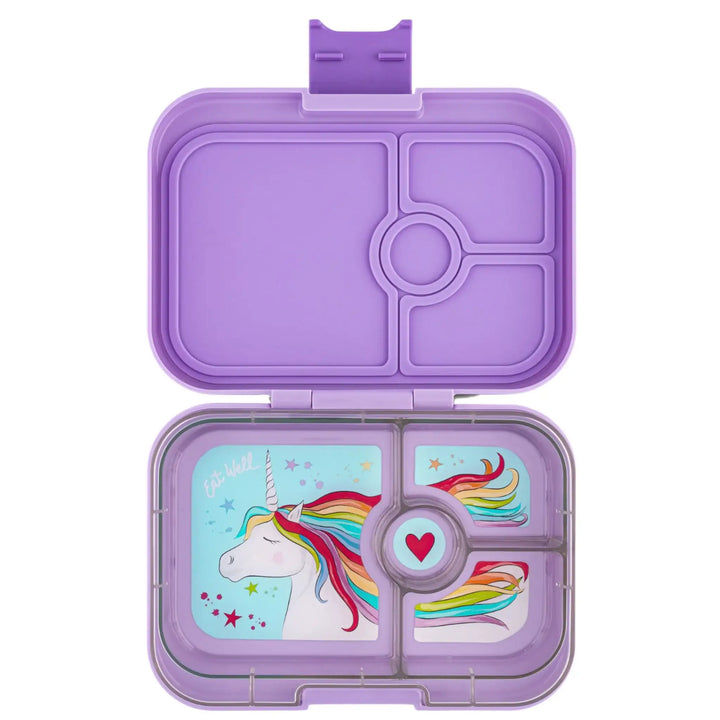 Paarse kinderlunchbox met eenhoorn en regenboog, vier vakken, ideaal voor school