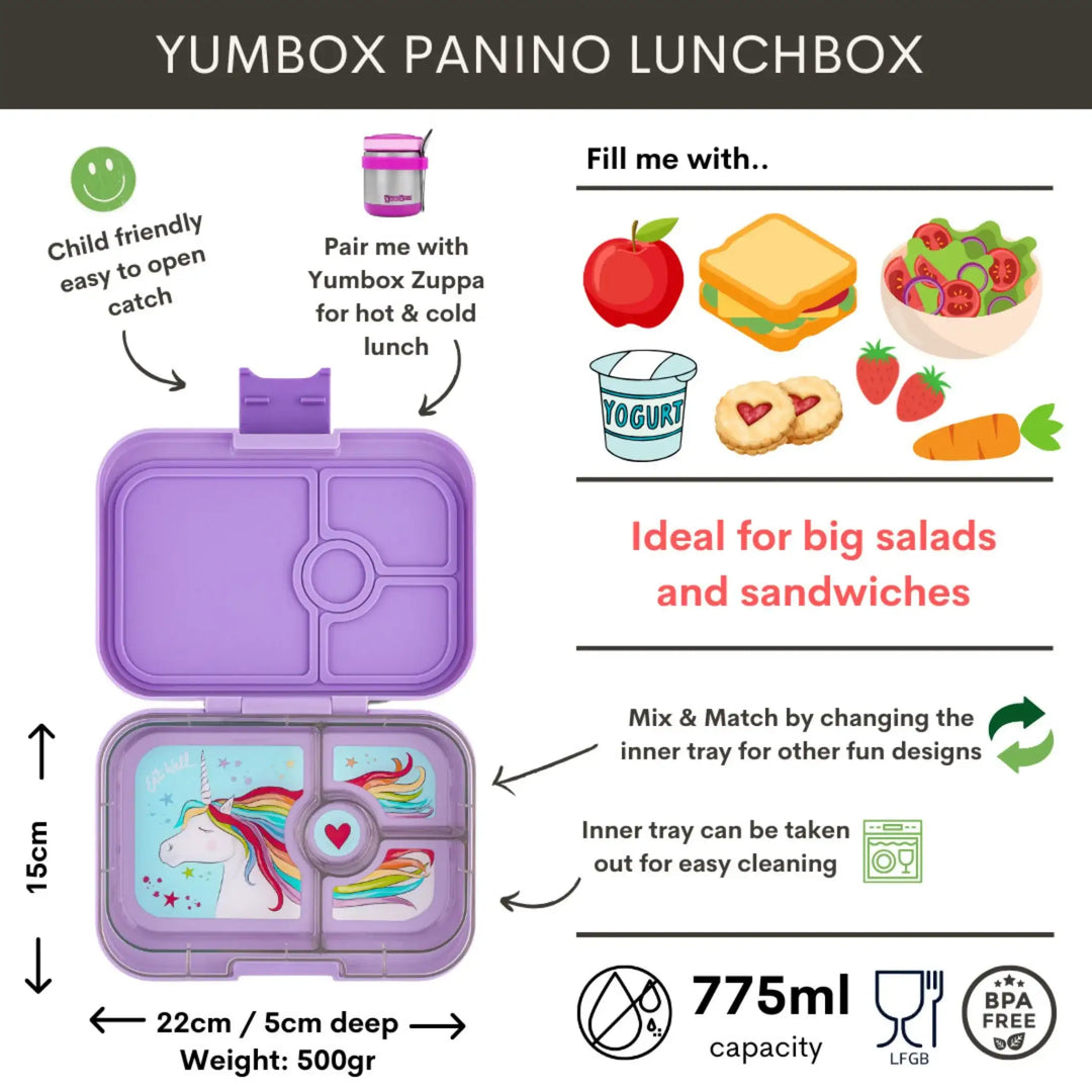 Paarse kinderlunchbox met eenhoornprint, geschikt voor salades en sandwiches, 775ml, BPA-vrij.