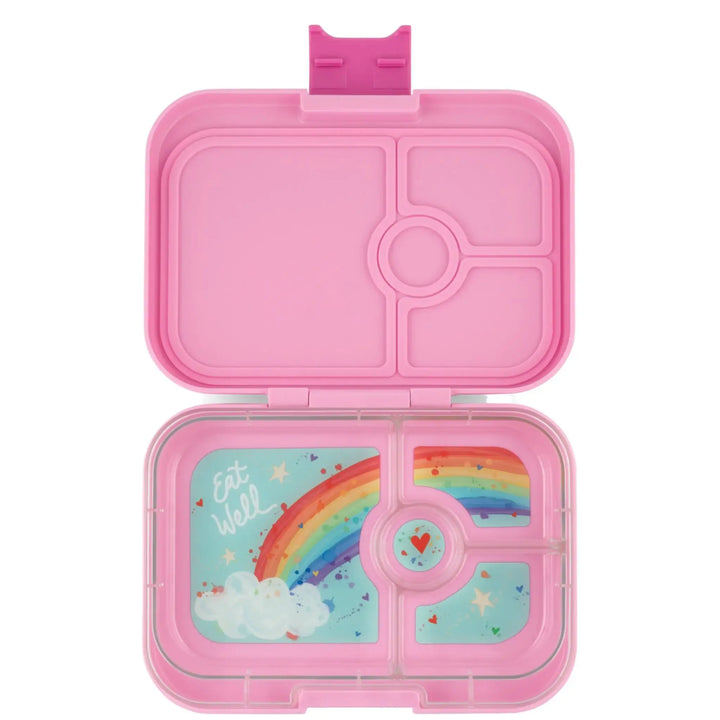 Roze kinderbroodtrommel met regenboog, wolken en 'Eat Well' print, meerdere vakken