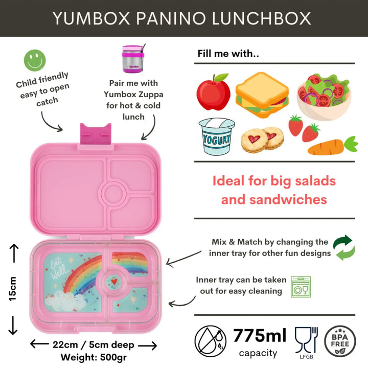 Roze Yumbox Panino lunchbox voor kinderen, met regenboog binnenin, kindvriendelijk en BPA-vrij.