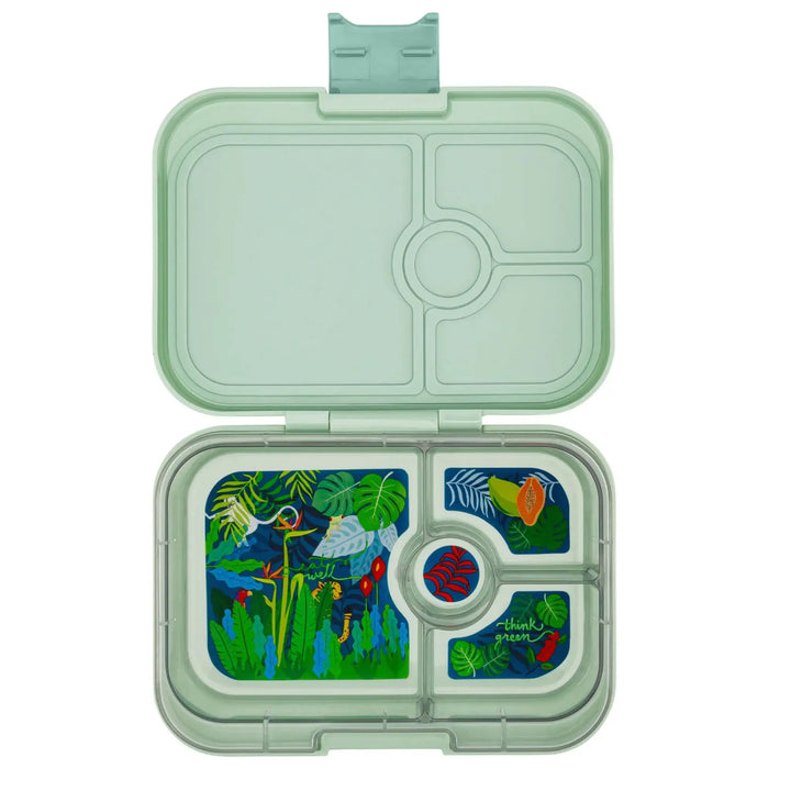 Mintgroene kinderlunchbox met vrolijk jungle en dierenmotief binnenin, meerdere vakken