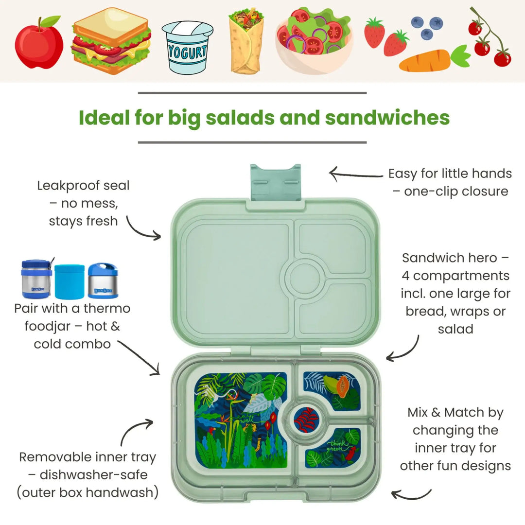 Groene lunchbox met vier vakken, jungleprint, geschikt voor salade, sandwiches en kindervoeding.