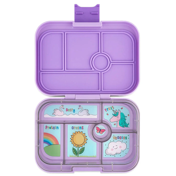 Paarse kinderlunchbox met vakjes, unicorn en regenboog illustraties, ideaal voor school