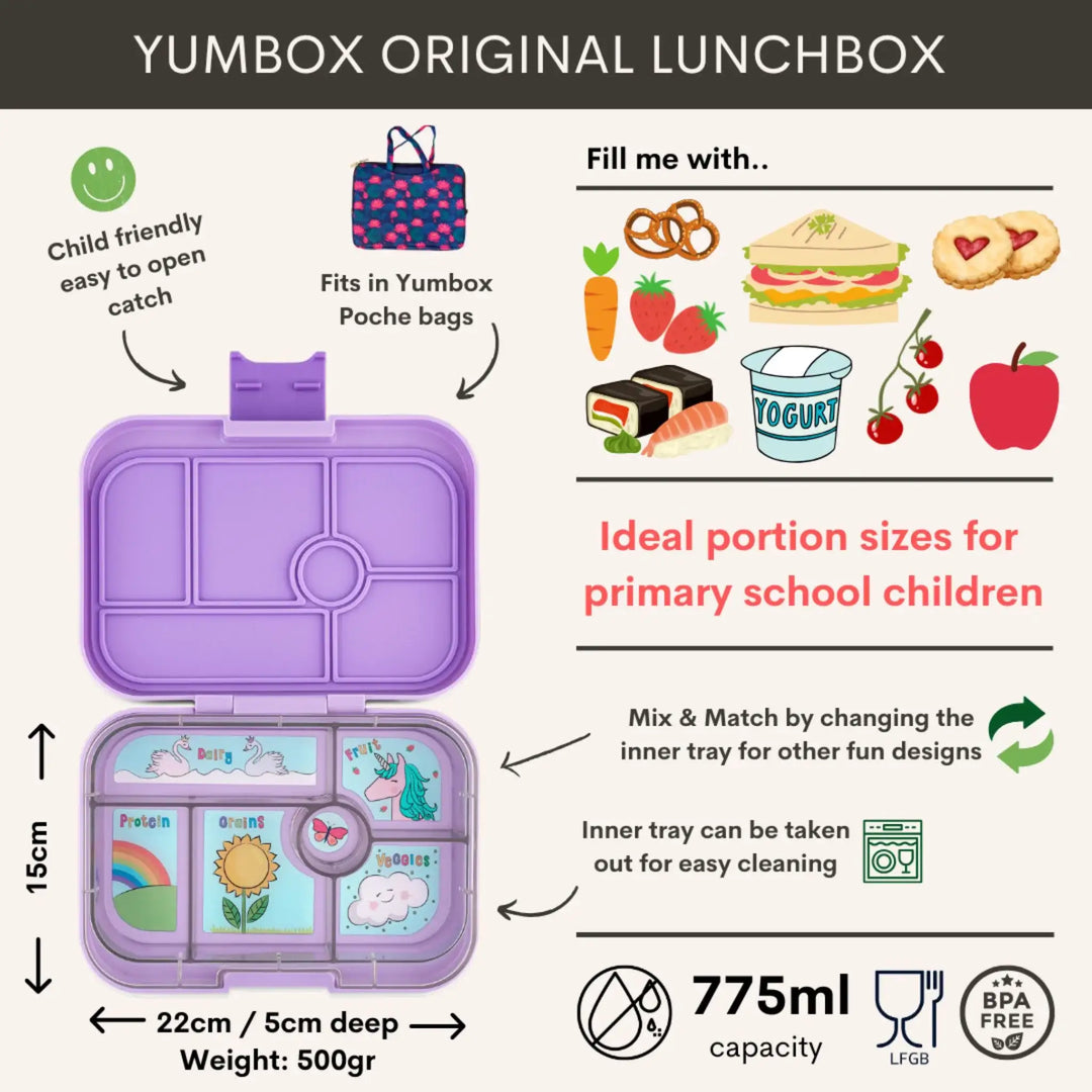 Paarse Yumbox lunchbox met vakindeling, kindvriendelijk ontwerp, ideaal voor basisschoolkinderen.