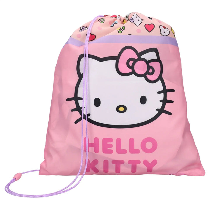Roze Hello Kitty gymtas met trekkoord, kinderaccessoire met kattenprint en hartjesmotief