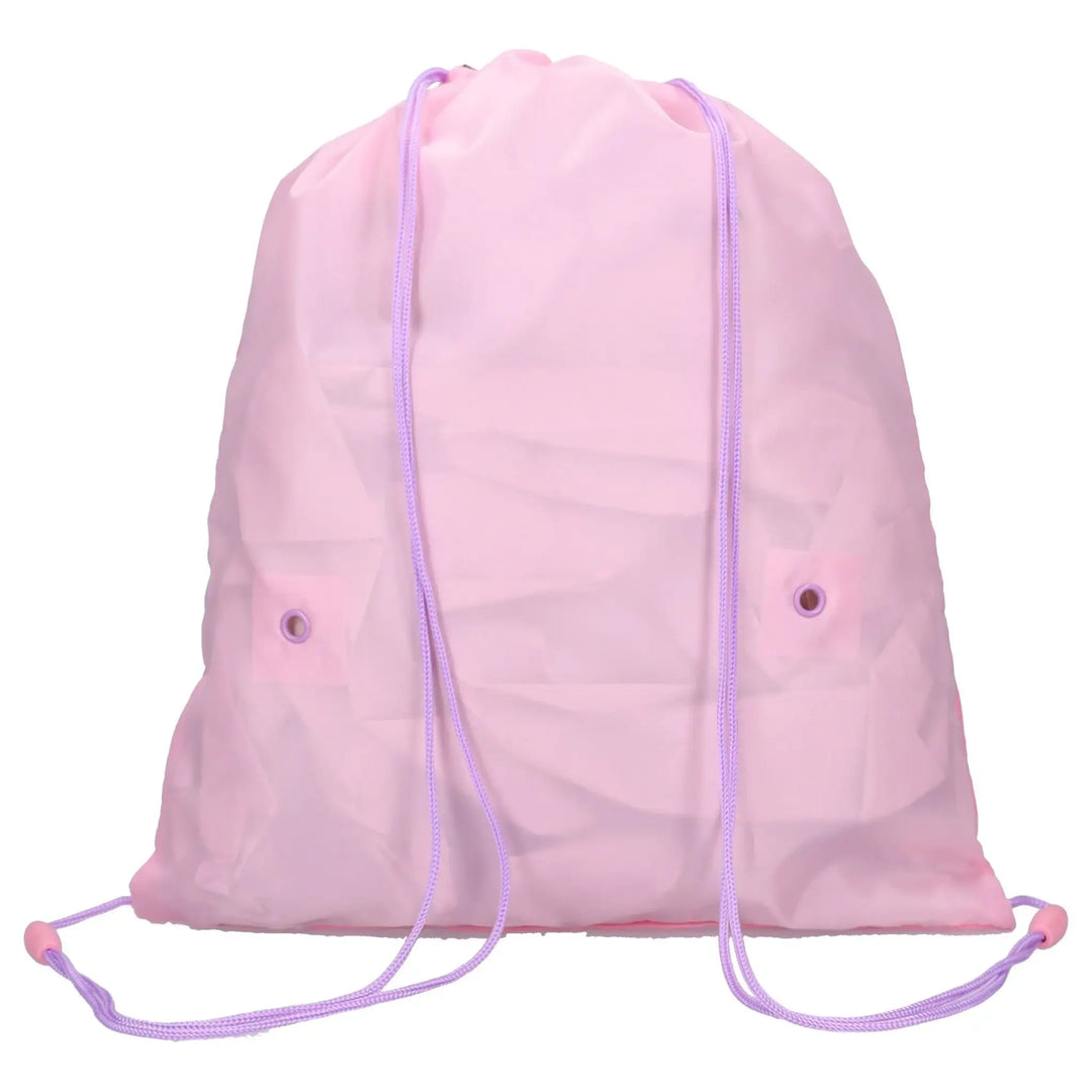 roze gymtas met trekkoord en paarse koorden, kindertas voor school of sport