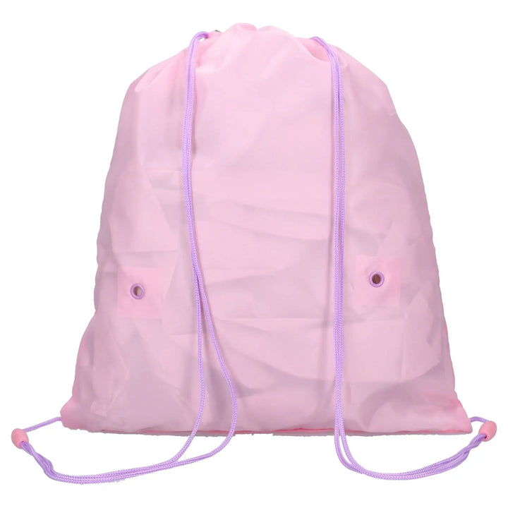 roze gymtas met trekkoord en paarse koorden, kindertas voor school of sport