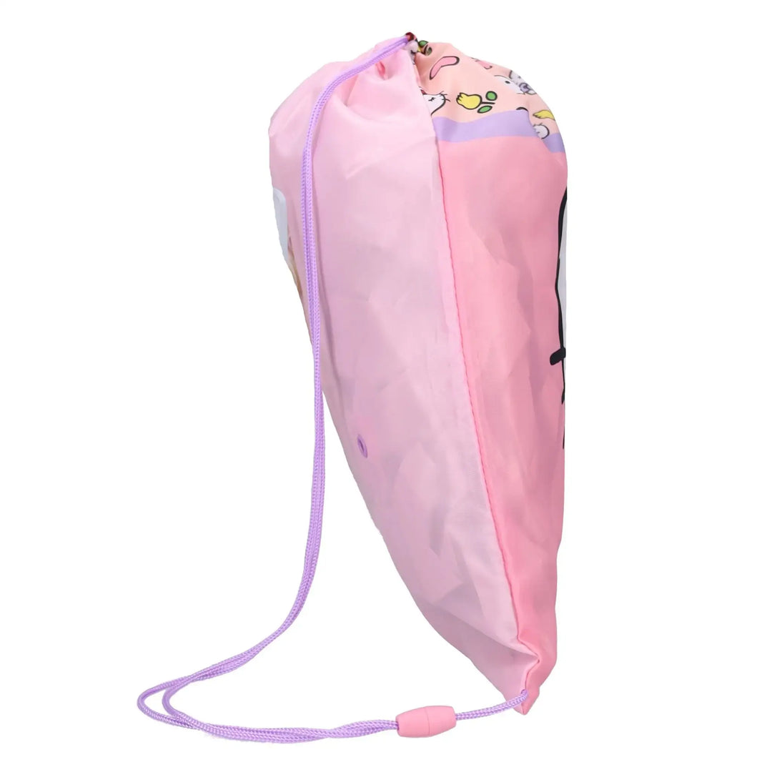 Roze kinderrugzak met trekkoord en vrolijk cartoonpatroon, ideaal voor school of sport