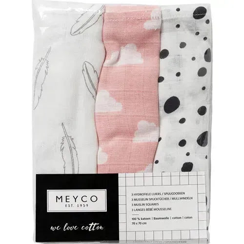 Meyco luiers 3-pack feathers clouds dots grijs/roze/zwart/wit - Tiny Giggles