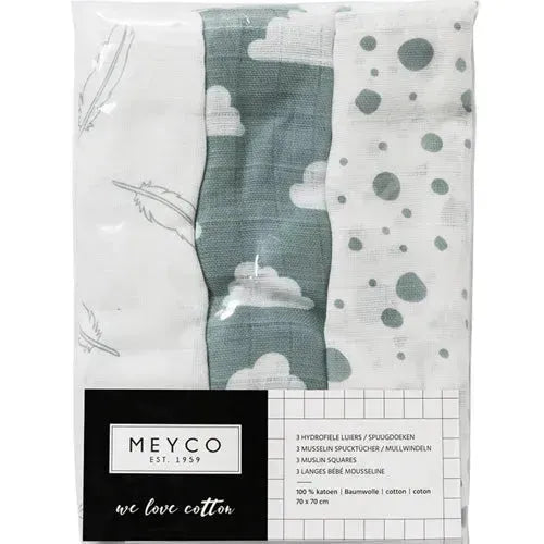 Meyco luiers 3-pack feathers clouds dots stone green/wit - Tiny Giggles