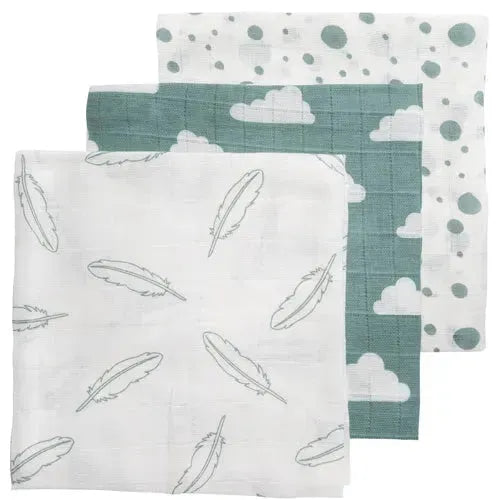 Meyco luiers 3-pack feathers clouds dots stone green/wit - Tiny Giggles