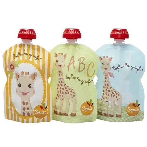 Squiz 3-pack herbruikbare knijpzakjes Sophie de Giraf 90 ml - Tiny Giggles