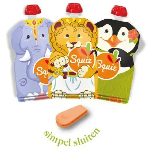 Squiz 3-pack herbruikbare knijpzakjes Carnaval 130 ml - met 1 SQUIZ'zip - Tiny Giggles