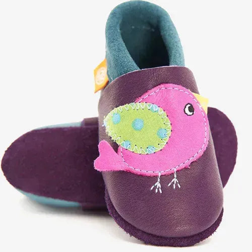 Orangenkinder Birdie de Vogel Leer Babyslofjes - Tiny Giggles