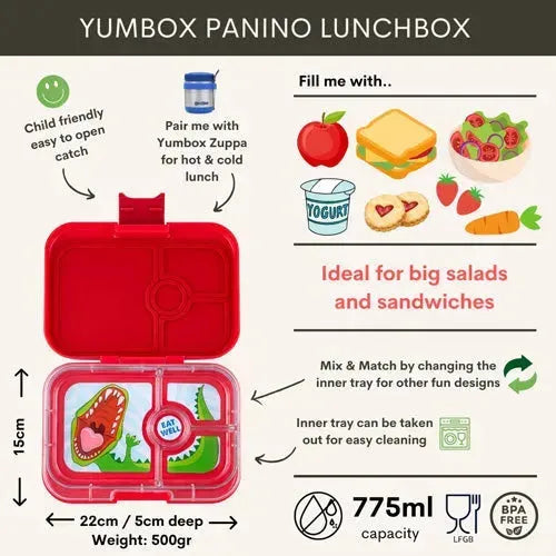 Yumbox Panino Bento 4 Vakken Dinosaur Wow Red - Tiny Giggles