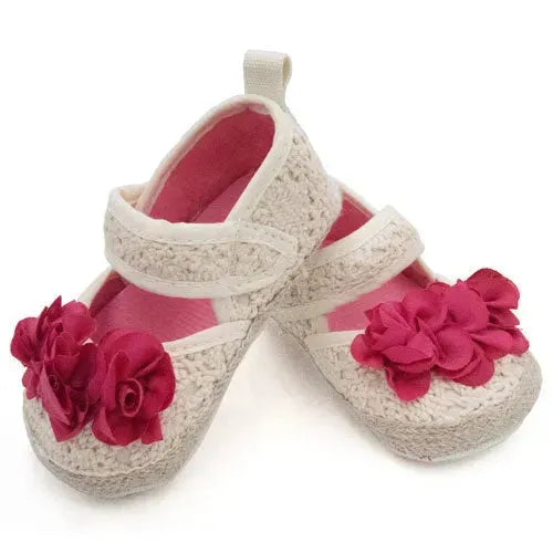 Baby schoenen beige met rode bloem - Tiny Giggles