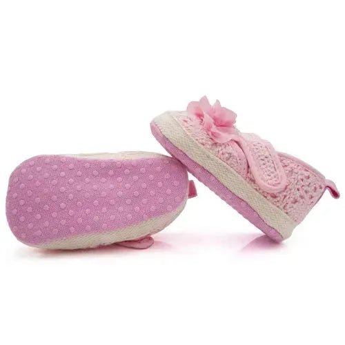 Baby schoenen roze met roze bloem - Tiny Giggles