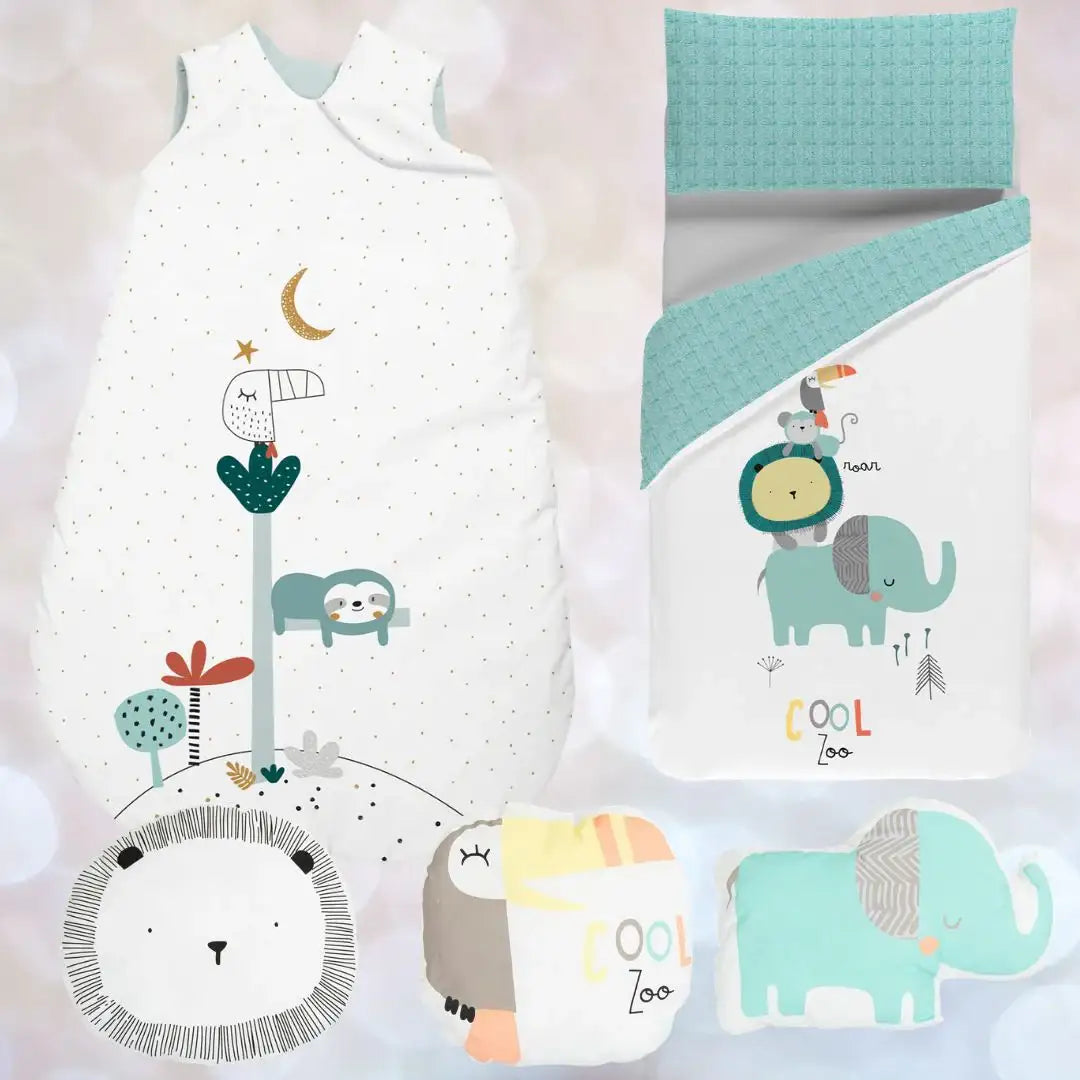 Baby gift box with animal-themed sleeping bag, bedding, and plush pillows